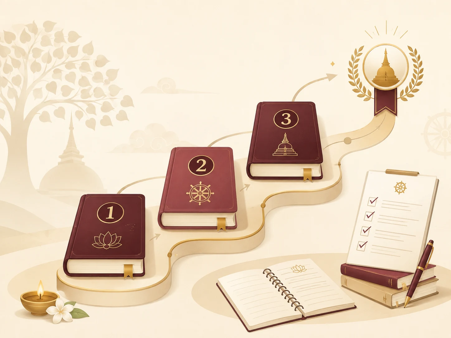 Illustration showing the three curriculum levels leading toward examination progress and achievement.